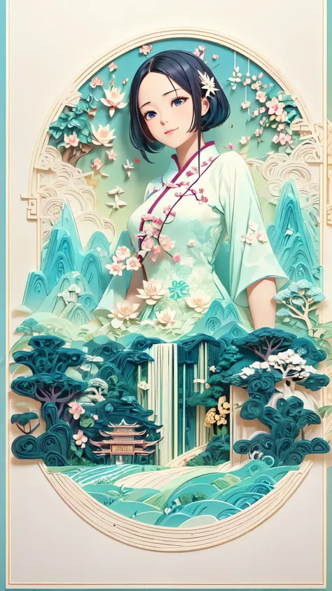 (digital art)，mountain, trees, river，flowers，lotus，1 girl, black hair, smile,exquisite cheongsam,beautiful hair accessories,(ori...