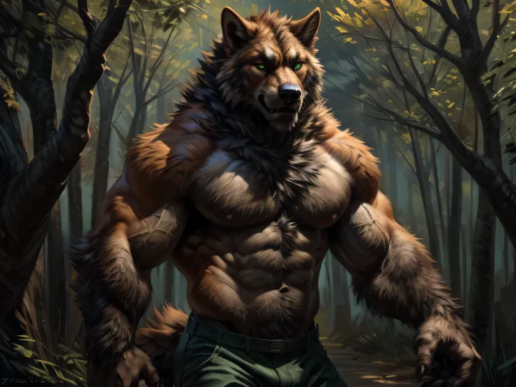 Werewolf, black fur, orange fur, bitone, white chest fur, black beard, green eyes, realistic eyes, posted on e621, furry body, anthro body, anthro werewolf, claws on hands, werewolf, solo, male, adult, masculine, (very muscular, large muscles, buff:1.2), c...