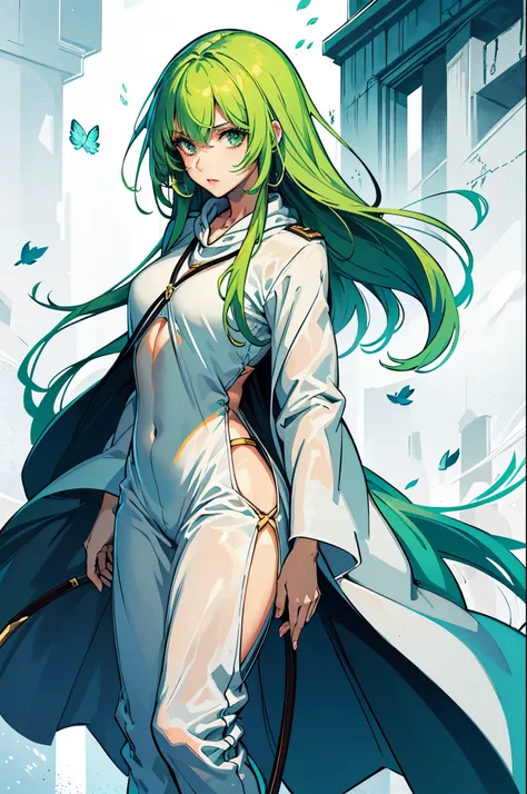 upper body portrait, (masterpiece, best quality:1.2), expressive eyes, perfect face, highres, 1 girl, solo, (female:1.5), enkidu, white robe, green hair ,white pants, standing, looking at the viewer,