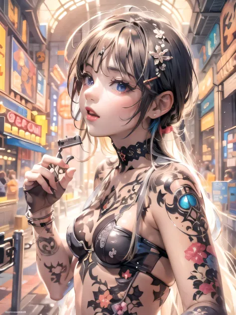 (photorealistic:1.8, highest quality:1.8,8K masterpiece:1.8,High resolution,muste piece:1.8),No split screen, (1 android girl:1.3)、Completely naked、open front shirt、choker、Body painting with a pop design drawn all over the body、pop art design、cutting edge ...