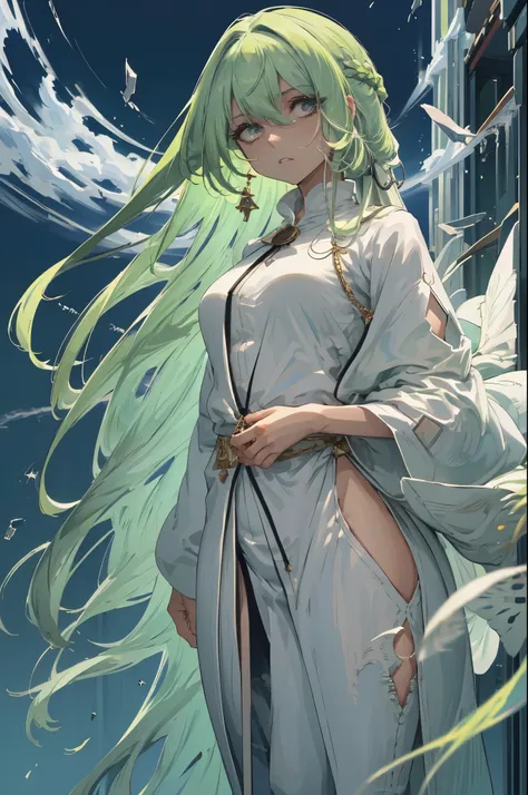 upper body portrait, (masterpiece, best quality:1.2), expressive eyes, perfect face, highres, 1 girl, solo, (female:1.5), enkidu, white robe, green hair ,white pants, standing, looking at the viewer,