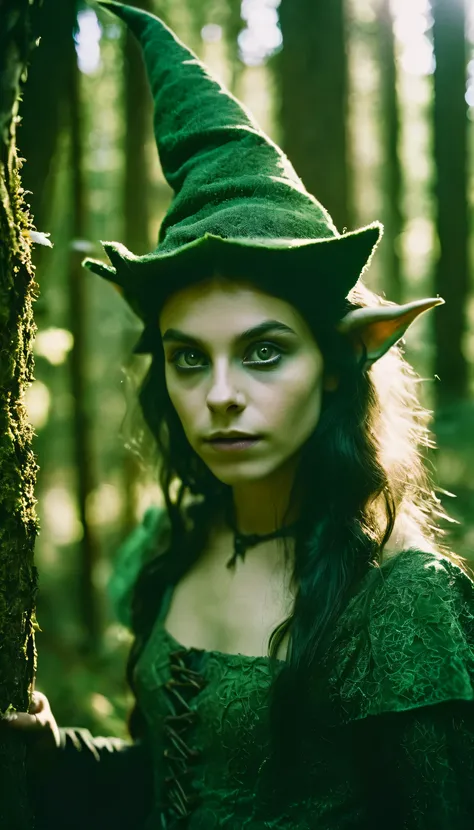 analog film photo, photo of young goblin witch, female, 16 years-old, greenish skin, diminutive build, pointy ears, upturned nose, slitted pupils, pretty, natural beauty, mystical forest, RAW Photograph, dslr, soft lighting, high quality, film grain, Fujif...