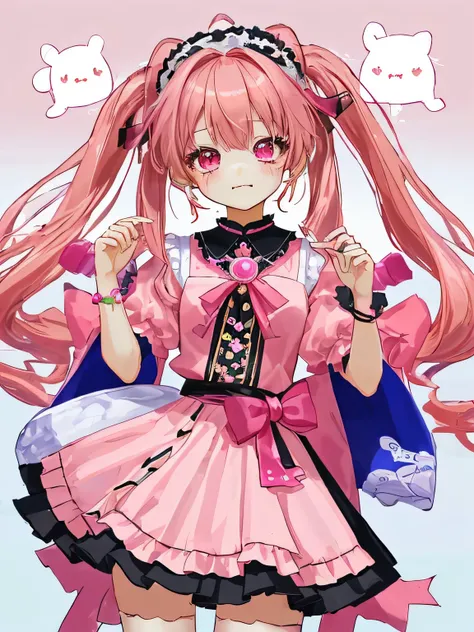 Xu high quality、Two-dimensional beautiful girl、cute、girl、dark pink hair、Hair style is twin tails、lots of races、clothes with pink jewels、cute costume、Original image 8K、Idol、Live、It&#39;s winking at me、standing alone、clothes with a collar、Fluffy short sleeve...