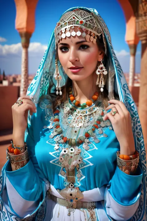 long shot scenic professional photograph of pretty woman, brunette, aqua eyes, jewelry, Moroccan Caftan, TazerzitXL, isni, headdress, Moroccan pattern background., Marrakech, perfect viewpoint, highly detailed, wide-angle lens, hyper realistic, with dramat...