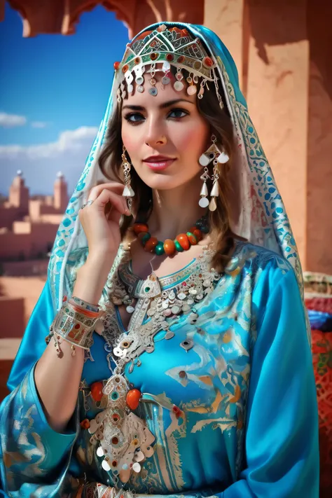 long shot scenic professional photograph of pretty woman, brunette, aqua eyes, jewelry, Moroccan Caftan, TazerzitXL, isni, headdress, Moroccan pattern background., Marrakech, perfect viewpoint, highly detailed, wide-angle lens, hyper realistic, with dramat...