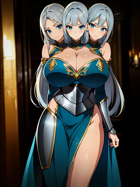 (masterpiece),(ultra-detailed), (high quality), (high resolution), (best quality:1.5, highres, UHD), highres, absurdo, ultra detail, ultra quality, (2heads:1.5), 1girl, (long hair), ((silver hair)), blue eyes, cleavage, thighs, (silver gray armor), female ...