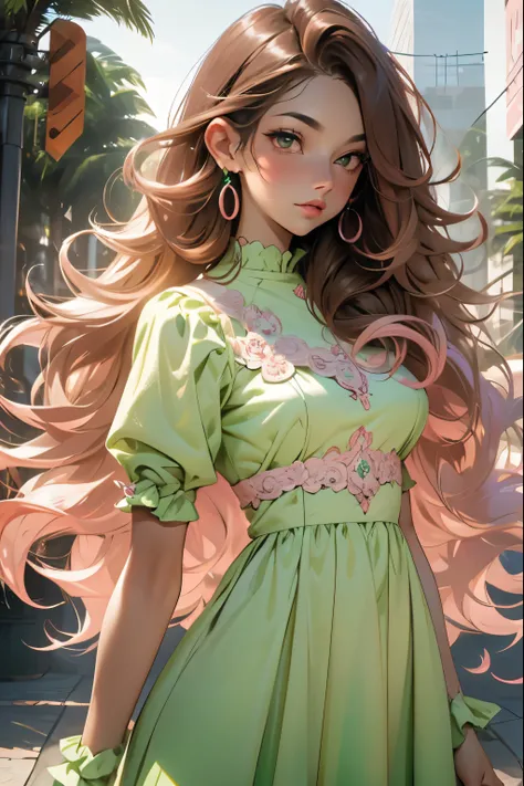 wavy long hair, brown hair, 1girl, emerald eyes, waving with two fingers, pink lips, pastel green dress, ((ultra detailed, masterpiece, absurdres))