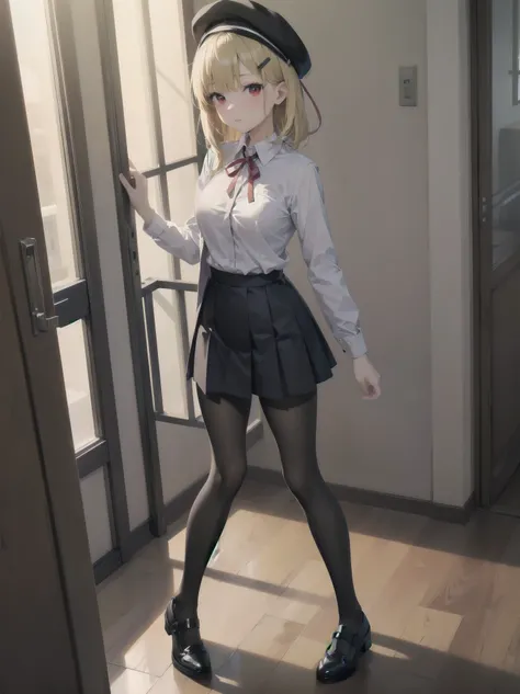 (Masterpiece: 1. 2), (Top quality: 1. 2), Anime girl, One, Blonde hair, Hair clip on right side of forelock, Black cap, Wine red eyes, White female shirt, Brand grey blazer, Small red ribbon across chest, Office clothes, One size larger shirt, Checked pris...