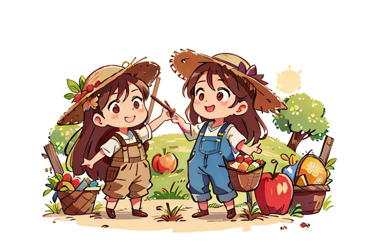 Girl with long brown hair，Put on the farmer suit，（With straw hat），in apple orchard，colorful，Dance（with love）happy，bumper harvest（surrounded by love），O sign，vector，line art，design，inspiration，straight line，RHAD