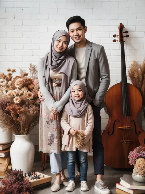 there is a man and woman standing next to a , an indonesian family portrait, inspired by Nazmi Ziya Güran, happy family, inspired by Fathi Hassan, 7 0 mm portrait, husband wife and son, 60mm portrait, by Basuki Abdullah, portrait of family of three, family...