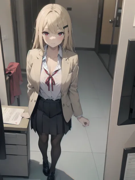 (Masterpiece: 1. 2), (Top quality: 1. 2), Anime girl, One, Blonde hair, Hair clip on right side of forelock, Black cap, Wine red eyes, White female shirt, Brand grey blazer, Small red ribbon across chest, Office clothes, One size larger shirt, Checked pris...