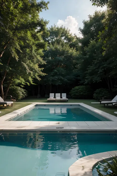 white tile pool in the middle of the woods, super-detailed, 8k, movie style