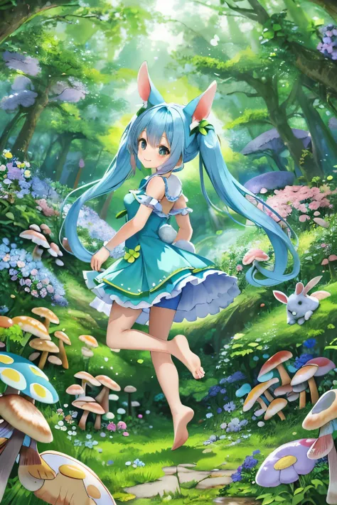 【best image quality】A fairyland full of flowers　light blue long hair、Cute girl with twin tails　rabbit ears　Dynamic mode　Running through a forest full of flowers　adorable smile　in the forest　forest creatures　Usagi　Subbear　squirrel　There are friends in the f...