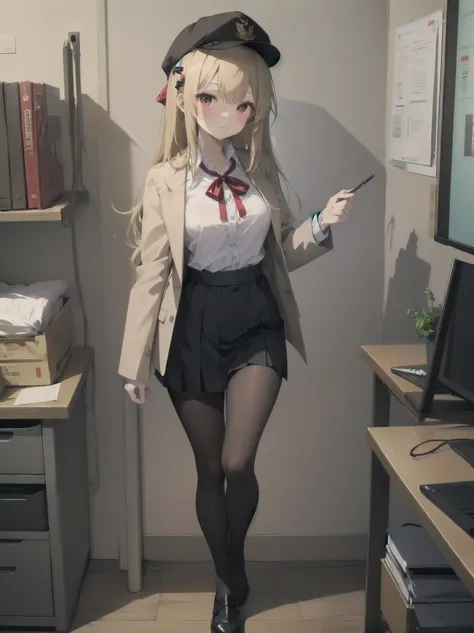 (Masterpiece: 1. 2), (Top quality: 1. 2), Anime girl, One, Blonde hair, Hair clip on right side of forelock, Black cap, Wine red eyes, White female shirt, Brand grey blazer, Small red ribbon across chest, Office clothes, One size larger shirt, Checked pris...