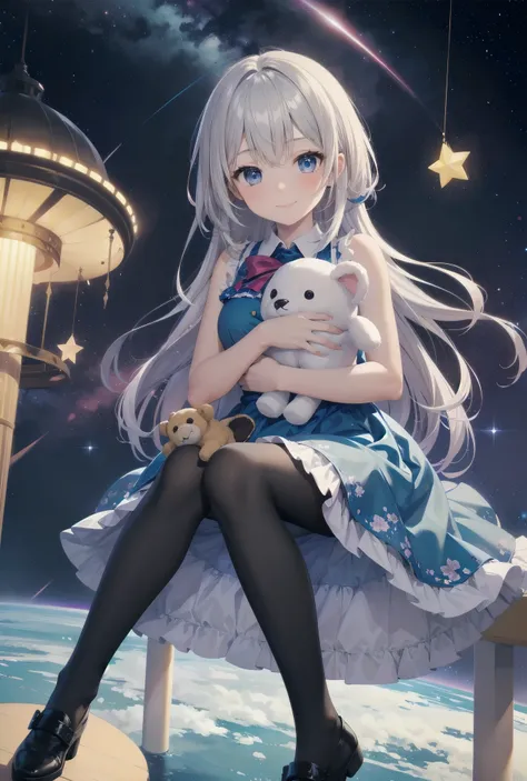 A girl hugging a stuffed animal in a space amusement park:.Amidst the colorful lights and stars of a space amusement park, a young girl holds a large stuffed animal in her arms. She is dressed in a dreamy blue dress decorated with lace and ribbons in the s...