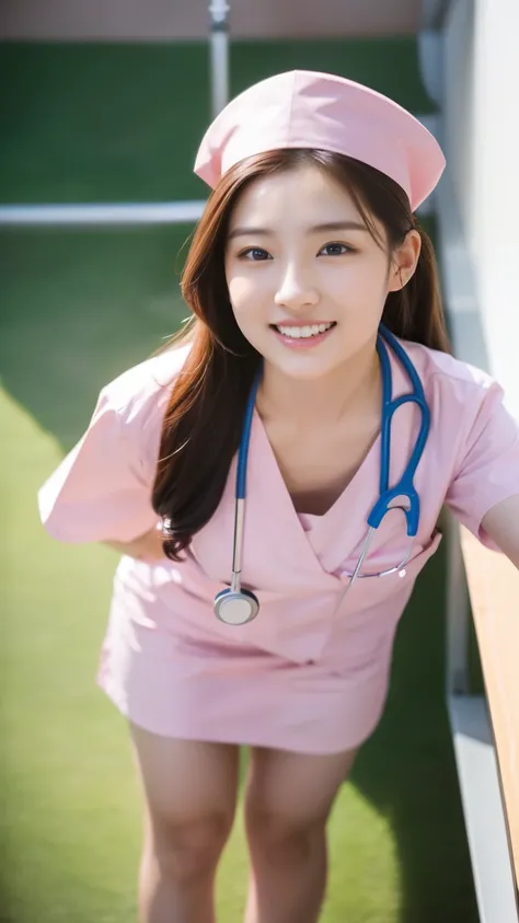 ulzzang-6500-v1.1,(masterpiece, highest quality:1.3), (Ultra-detailed 8K:1.2), (hyperrealistic:1.35),(Raw photo:1.2),highest quality, High resolution, wallpaper, realistic, (dramatic, Realistic painting art by Midjourney:1.3) BREAK (1 nurse, 18yo, pink nur...