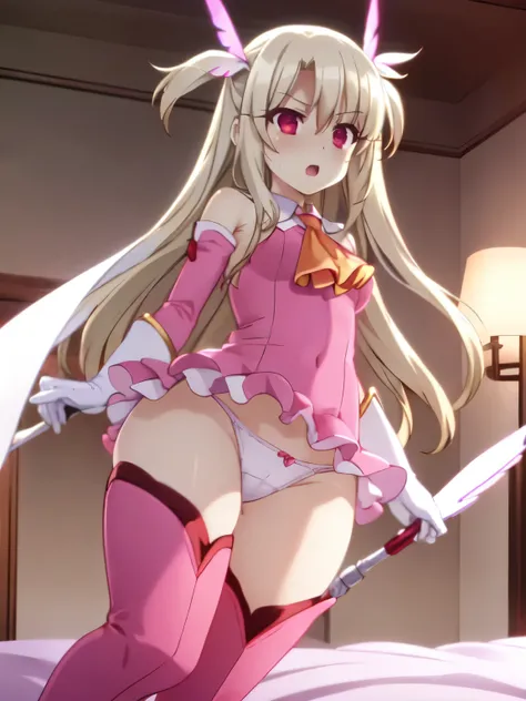 aaillya,long_hair,blonde_hair,red_eyes,hair_between_eyes,bangs,white_hair, illyamagical,magical_girl,two_side_up,hair_ornament,feather_hair_ornament,gloves,white_gloves,elbow_gloves,detached_sleeves,ascot,thigh_boots,thighhighs,pink_footwear,boots,bare_sho...