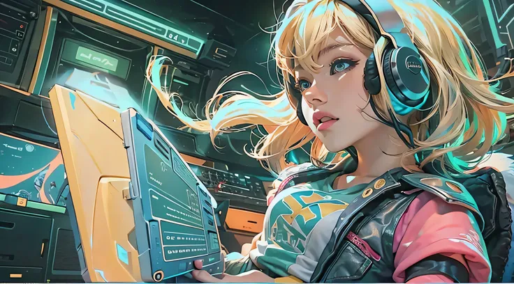 A girl with blond hair, wearing a colorful outfit and cosplay costume, stands in a dynamic pose. She has a playful expression on her face as she enjoys playing video games. The girl is a gamer, immersed in her virtual world, holding a console controller in...