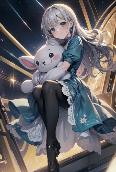 A girl hugging a stuffed animal in a space amusement park:.Amidst the colorful lights and stars of a space amusement park, a young girl holds a large stuffed animal in her arms. She is dressed in a dreamy blue dress decorated with lace and ribbons in the s...