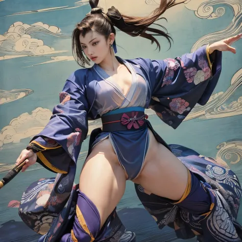 (masterpiece, top quality, best quality, official art, beauty:1.2),（The most detailed and clear facial features：2.0，Face profile：1.0） (1 Japanese Chunli:1.5), Very detailed,(Ukiyo-e艺术:1.1),(Ukiyo-e，rich and colorful:1.1)(flowers:1.3),most detailed,(Zentang...