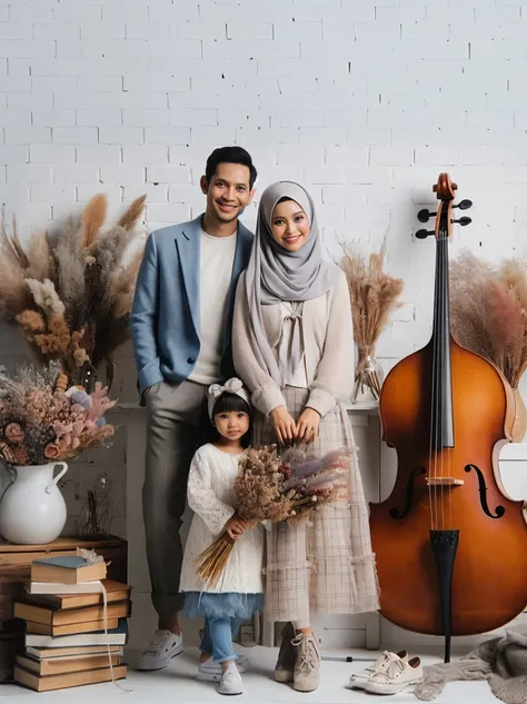 there is a man and woman standing next to a violin and a violin, an indonesian family portrait, home photography portrait, family photography, full protrait, 7 0 mm portrait, 60mm portrait, happy family, family portrait, mid shot portrait, by Basuki Abdull...