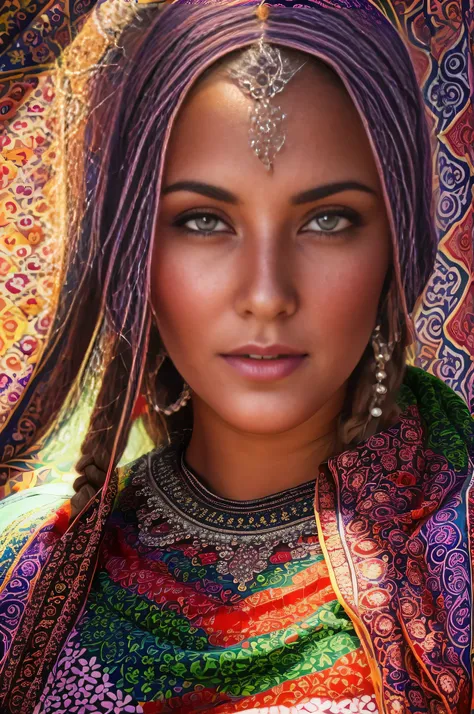 photo of alluring beautiful woman, curvy, sparkling, bright eyes, long braids, moroccan flag waving, amazigh traditional dress, ...