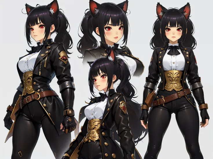 (chibi:1.2), Primer plano de una mujer joven sosteniendo una gran espada, ((arte conceptual del personaje)), ((character design sheet, mismo personaje..., frente, side, Back)) ,((long hair with pigtails and a black fringe with cat ears, beautiful red eyes)...