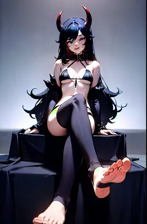 Stirrup Legwear, feet, sitting, soles, toes,  seductive gothic lady wearing skimpy black bikini, devil horns, long black hair, blue eyes, absurdres, ultra detailed, masterpiece, best quality, aesthetic, detailed,