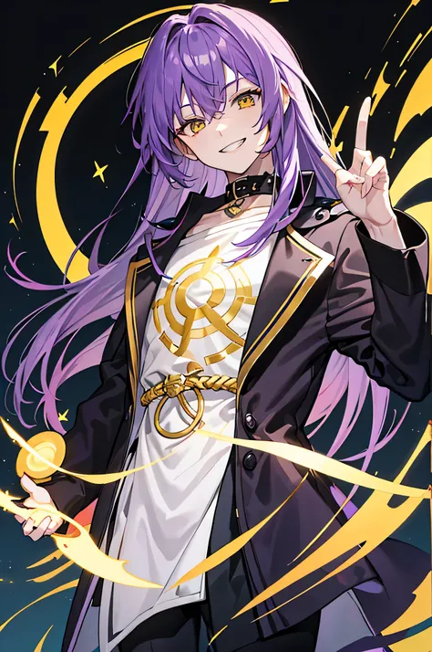 1 male, Purple haired male character, purple shoulder-length hair, half body, high precision, fine, male character, HD face, fine eyes, yellow eyes like the gold, modern clothing, black shirt, white tunic, single, black long-sleeved coat, dark circles, sha...