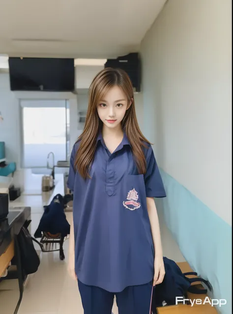 (best quality,10,10,height,Masterpiece:1.2),Special details,(realistic,Realistic picture,Realistic photos:1.37),1 Cute girl in the kitchen,shiny, skin shiny,only,smile softly,BDclothelue shirt:1.3)),short sleeve,shirt, Long pants.,(navy_long_track pants:1....