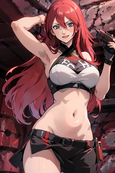 fuka, forehead, red hair, masterpiece, best quality, highly detailed, a girls with a gun, open mouth, blazer, sexy gaze, (nsfw) ...