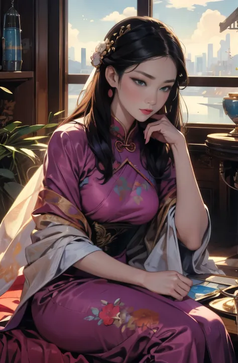 A painting of a beautiful young woman standing quietly, beautiful hong kong night view, flower of society, She is wearing an elegant purple cheongsam, Works that influenced Chen Yifei, Works that influenced Francesco Hayes, Inspired by Hendrik Terbruggen, ...