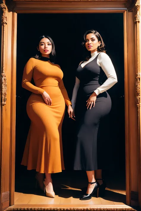 Three women in sync, ultra-large booties elegantly encased in sweater dresses, captured on Kodak film in a 1:1 aspect ratio.

These women radiate confidence and charm, their curves accentuated by the cozy fabric of their dresses. Their bodies pose in harmo...