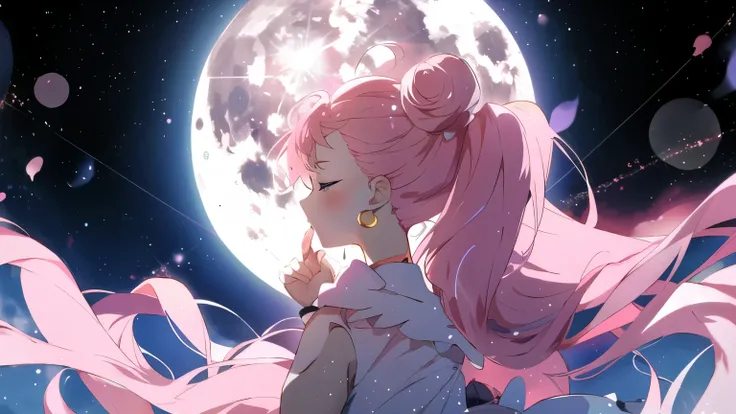 anime girl with pink hair and a pink dress standing in front of the full moon, anime art wallpaper 8k, anime style 4k, anime art...