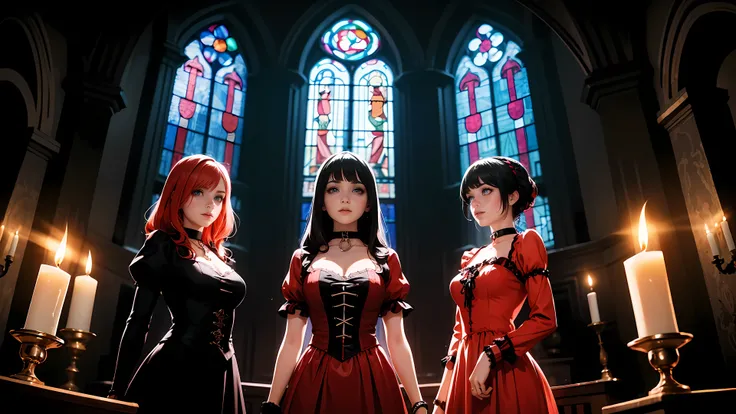 Three beautiful 21 year old girls, three witches, detailed beautiful hair, detailed beautiful eyes, small breasts, red hair, black hair, white hair, choker collar, bracelets, red dresses, standing, gothic mansion, hammer horror film mansion, stained glass ...