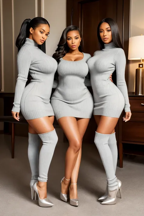 A trio of women, ultra(mega) immense booties, clad in sweater dresses that accentuate their highest details and infinite feminine curvatures, captured in the highest resolution. Shot on Portra 1:1 aspect ratio, with every curve and form meticulously render...