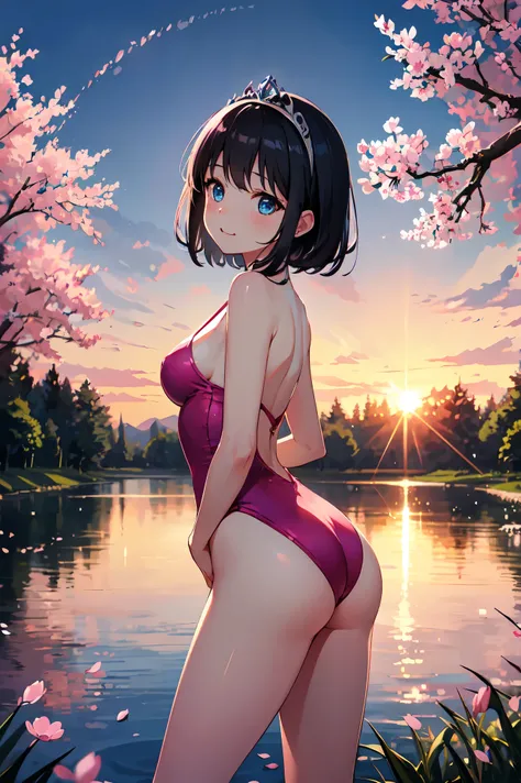 highest quality、very delicate and beautiful、masterpiece、sunset、evening、18-year-old 、Japanese、、black haired、blue eyes、Glossy nakedness、cheerleader、((pink leotard))、（High leg）、Tiara on the head、laughter、standing、backwards、butt、Prickett、Pond in the background...