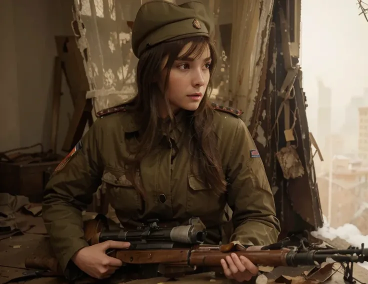 sitting female soldier, beautiful Russian face, long light brown hair, military cap, pale skin, Soviet style military uniform Light brown fabric with red details, brown leather gloves, holds a Soviet style sniper rifle, she is in a post-apocalyptic city co...