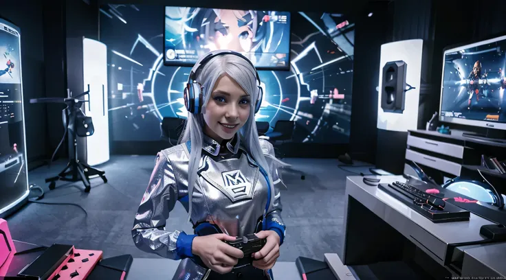 A girl with white hair, wearing a colorful outfit and cosplay costume, stands in a dynamic pose. She has a playful expression on her face as she enjoys playing video games. The girl is a gamer, immersed in her virtual world, holding a console controller in...