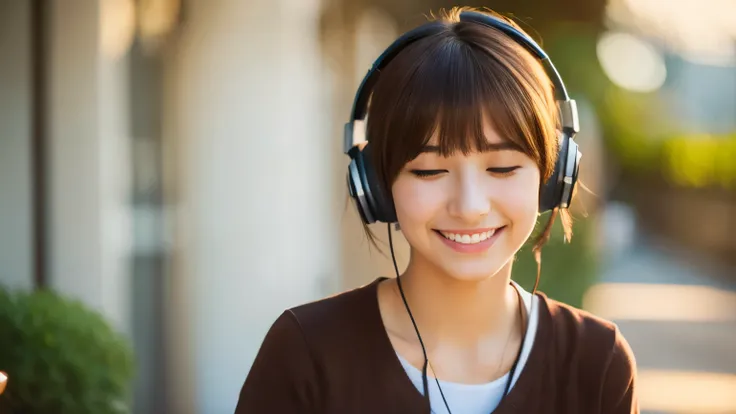 (masterpiece:1.3), (8K, realistic, RAW photo, highest quality: 1.4), soft light, professional lighting, 1 girl, 16 years old, cute, pure beauty, closed mouth, smile, brown short hair, bangs, wearing headphones, Close your eyes