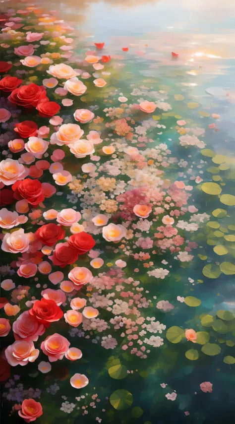 Flowers float in the water near the cliffs, There are flowers everywhere, exploding rose, It rains everywhere in the sea of flowers, Alexei Egorov, Realistic flower oil painting, Eric Zina Ekut Edodu, Beeple and James Jean, beautiful nature, Surrealism, Ro...