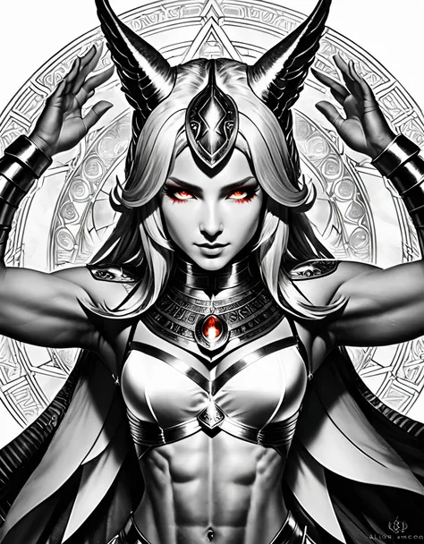 Uberfit,(pencil_sketch:1.2, messy lines, Grayscale, traditional media, sketch), raised hands，Horned golden-headed creature, Dragon Knight Avatar, Mysterious Anubis Valkyrie, Super detailed fantasy characters, dragon portrait, Sleipnir&#39;s photo, ghost of...