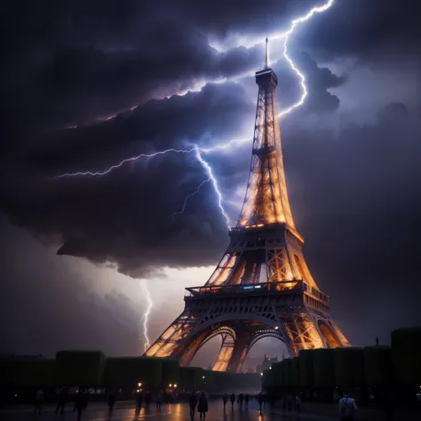 raio strikes behind the Torre Eiffel in paris, France, by Étienne Delessert, Torre Eiffel is burning, beautiful raio, Torre Eiffel photography, por Raphaël Collin, beatifull raio, there is raio, amazing raio, Torre Eiffel, exquisite raio, dramatic lighting...