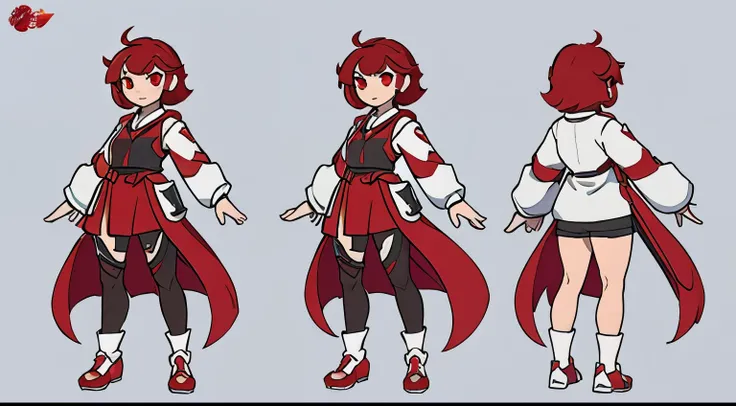 Asian girl with short crimson red hair and slightly white skin, glowing red eyes, black and white clothes, high quality character design, character design art, Artstation anime art, highly detailed character design, drawing concept art animated, character ...