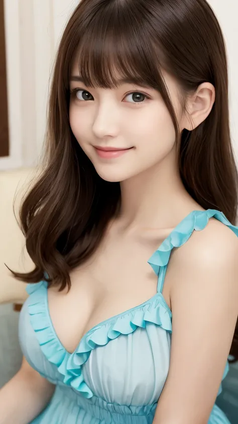 bright表情、photorealistic stick:1.32、highest quality、超A high resolution、Photos of the most beautiful Japan girls、cute and beautiful face details、small face、(Pueros face_V1:0.008)、美しいbangs、14 years old、Brilliant white skin、hair gets tangled in face、顔まで伸びるbang...