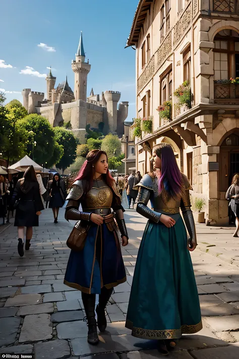 A group of women with vibrant colored hair and intricately detailed medieval paladin dress armor, standing proudly in a medieval city with a majestic castle in the background. The women have bold hairstyles, each with their own unique color, such as vibran...