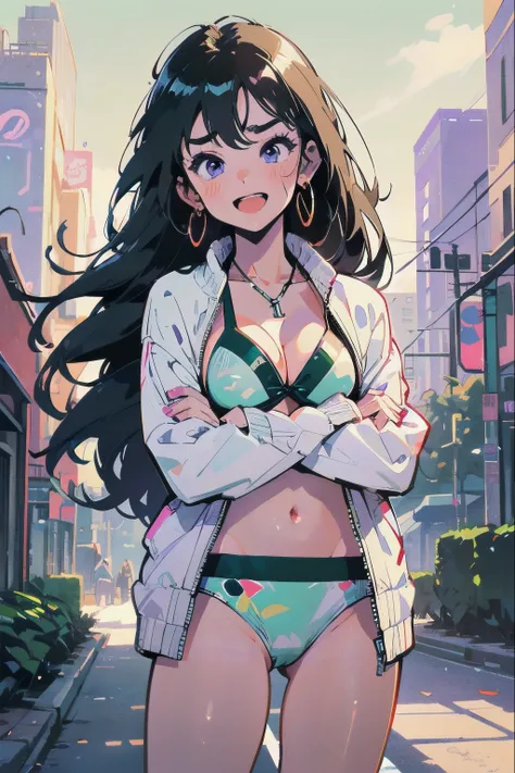 (((crossed arms)))、beautiful anime-style girl, ,clean small surfaces,  cyberpunk, bikini-armor、(Lofi art, city pop)、 ((from front))、stand with legs apart、(dynamic pose:1.1), Cute 1 girl, highest quality、ウルトラ - High resolution、High resolution、Highly detaile...