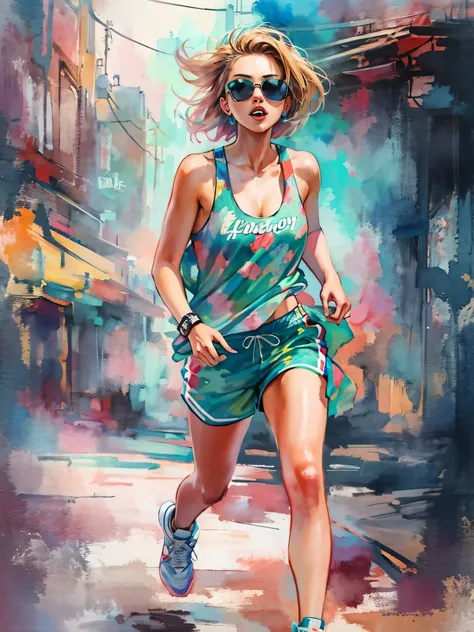 watercolor painting, 8K resolution、((highest quality))、((masterpiece))、((Super detailed))、(((most fashionable design)))、1 female、alone、incredibly absurd、 (((The most beautiful athlete girl of all time))), (((Stylish sunglasses))), lips in love, stylish cap...