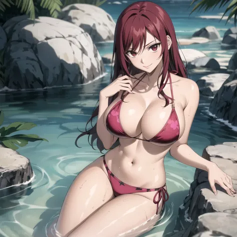 Erza scartel, mujer , 25 years, cabello rojo , red eyes like rubies, sonrisa y rubor, pechos grandes, wears a pink bikini with a jaguar design. trasero bien formado. He is bathing in a crystalline lake. cabello rojo