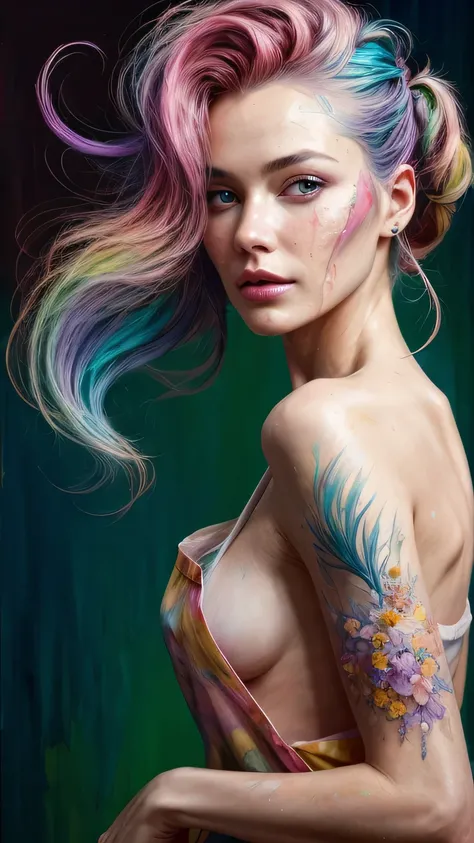 Beautiful and colorful woman: 25 years old woman, messy hair, oil painting, beautiful and perfect face with soft skin, perfect face, pinkish green cores, light and violet magnetic additions, light red additions, Painter, wearing apron or transparent nightg...